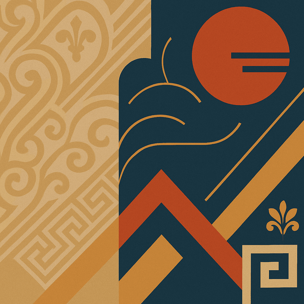 A graphic blending traditional patterns and modern geometric shapes, symbolizing the fusion of culture and contemporary design.