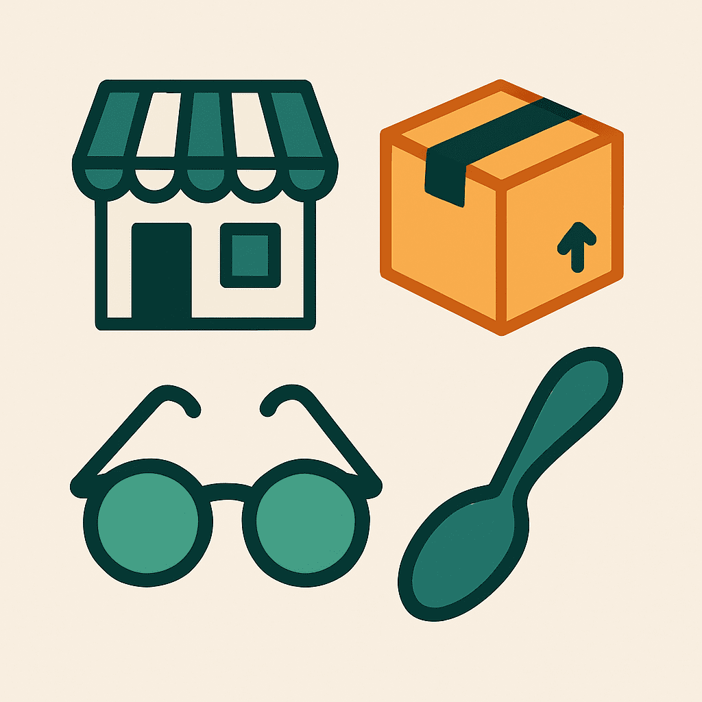 A set of icons including a small storefront, eyeglasses, and a simple tool, reflecting practical and approachable small business branding.