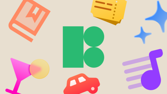 Colorful Icons8 illustrations arranged around a green geometric symbol